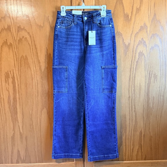 Judy Blue Wide Leg Cargo Jeans Size  5/27 Dark Blue NWT JB88725 DK High Waist - Picture 2 of 11